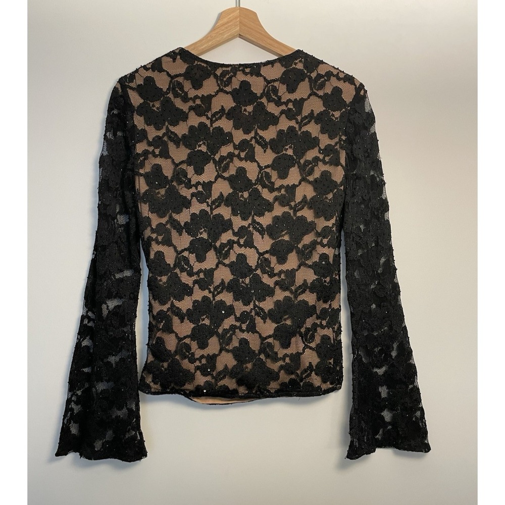 JS BOUTIQUE Lace Overlay Blouse M Sequins Faux-Wrap Mesh Top Evening Romantic - Picture 4 of 14